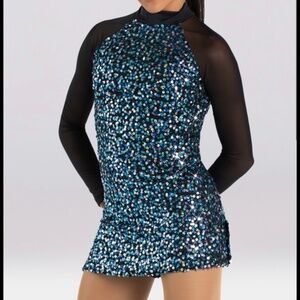 BALERA Razzle Dazzle Sequin Mesh Blue Shift Dress dance Costume Size Large